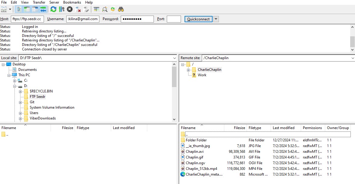 Connected filezilla screen